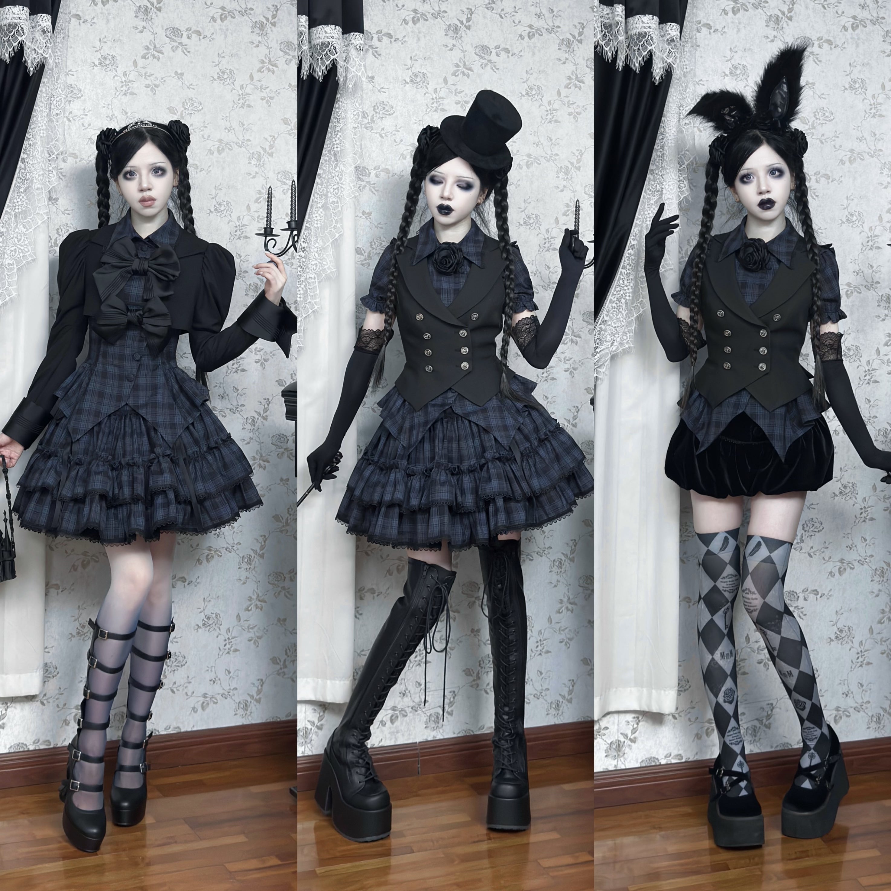 Lyra Nocturne - Gothic Lolita Slanted Placket Shirt Set, Plaid or Striped