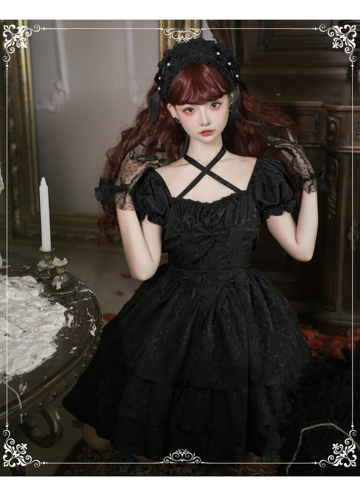 Eieyomi~Thorn Rose~Gothic Lolita Three-layer Ruffle Black OP   