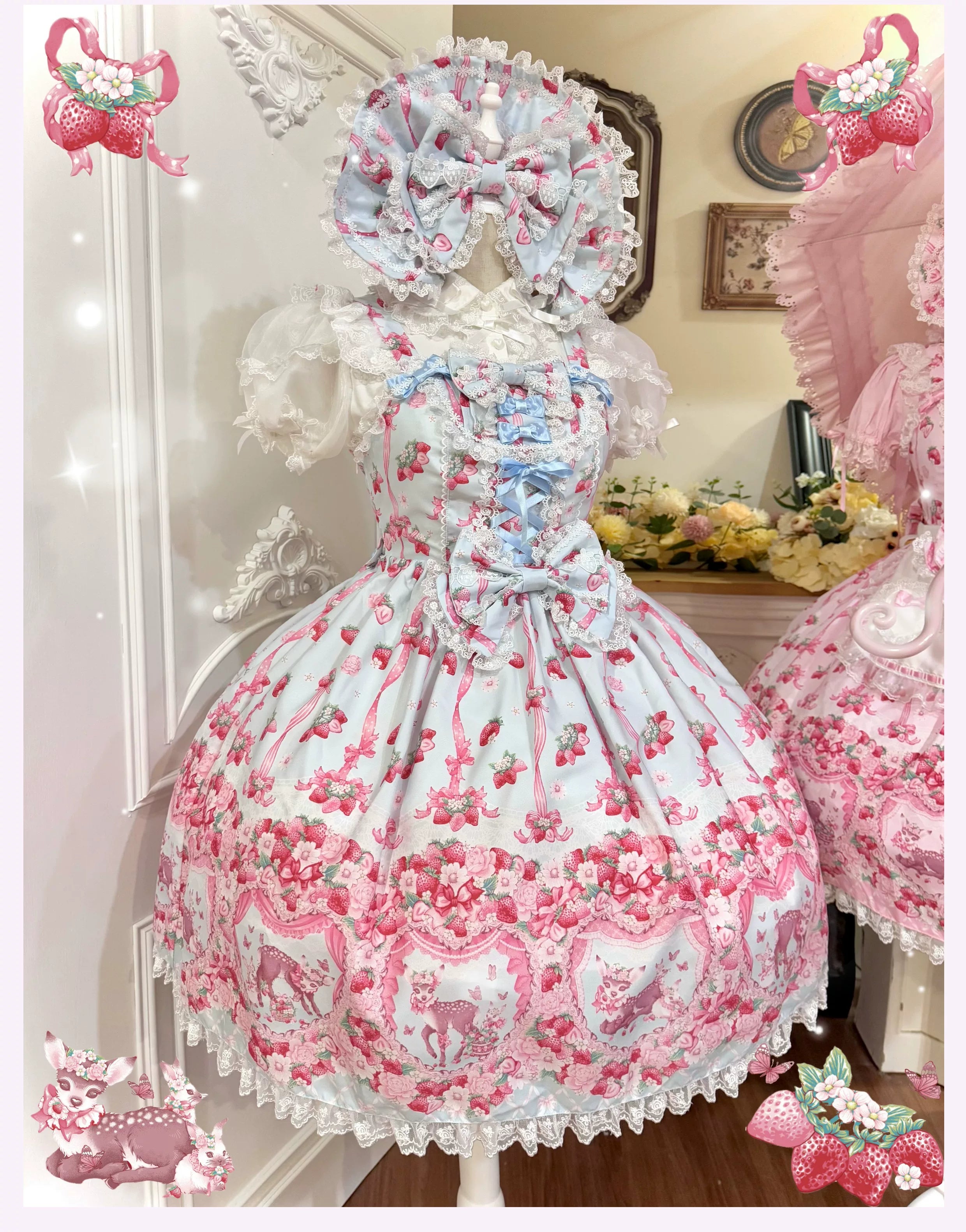 Deer Strawberry Garden - Old School Lolita Deer & Strawberry Printed JSK Dress (L M S XL) 45681:860567
