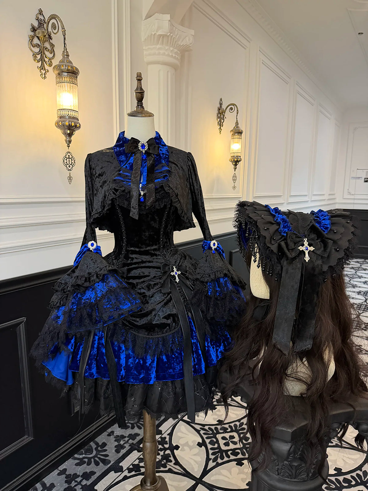 Dark Raven Poem - Gothic Lolita JSK & Bolero Dress Set, Diamond Velvet (Blue / L M S XL) 45967:869784