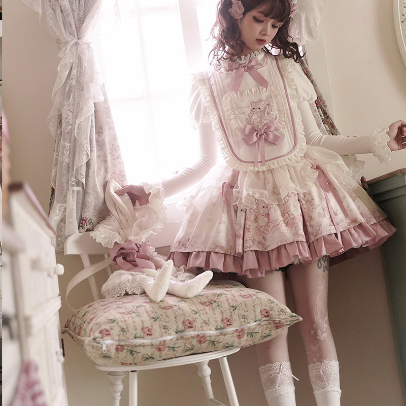 Half Sweet Lolita~Doll Garden~Sweet Lolita JSK Dress Cat Print Pink Dress Set S pink skirt 