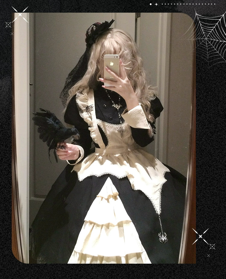 Sakurahime~Spider Dream~Gothic Lolita OP Dress Maid Lolita Built-in Fishbone Detachable Apron