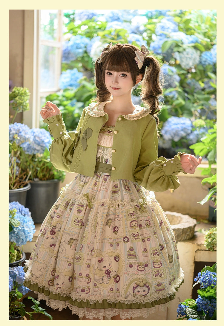 Urtto - Mangosteen Cat - Printed Country Lolita JSK, Pocketed Jacket