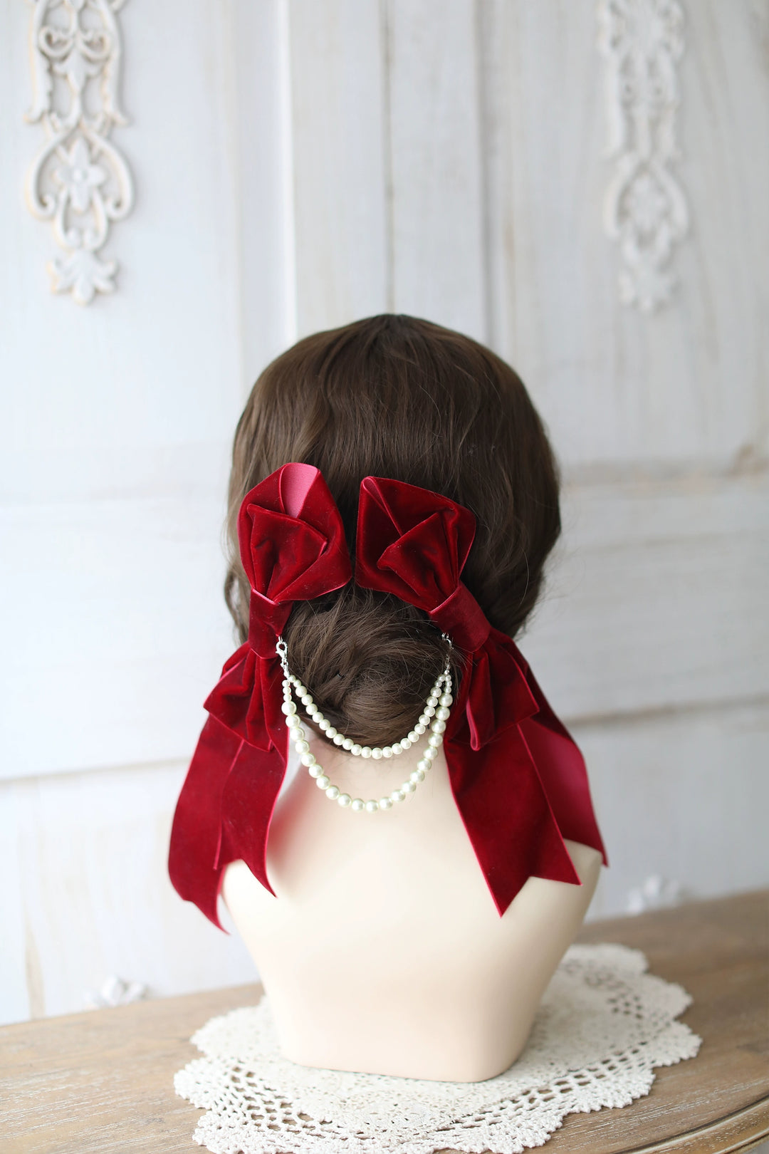 SweetDreamer~Retro Lolita Hair Clip Bow Pearl Handmade Headdress dark red double bow + pearl chain hair clip set  