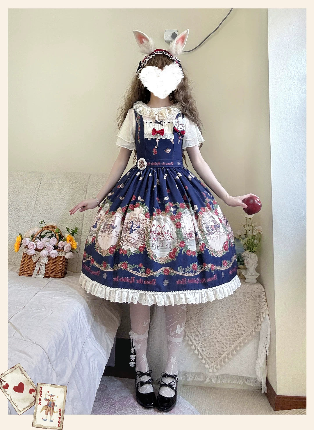 Down the Rabbit Hole - Daily Wear Classic Lolita OP & JSK Dress, Alice in Wonderland Print 46008:871954