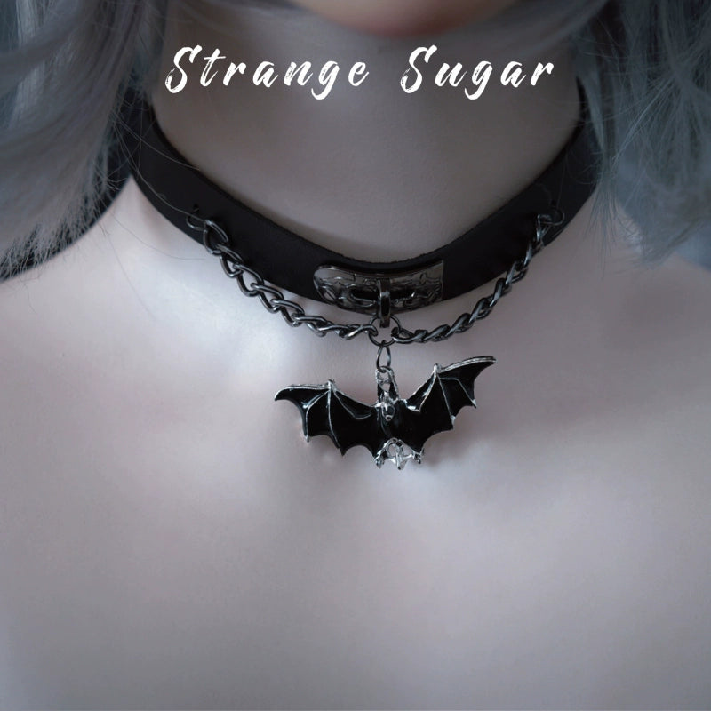 Strange Sugar~Gothic Lolita Choker Bat Pendant Faux Leather Necklace Black Bat Pendant Choker  