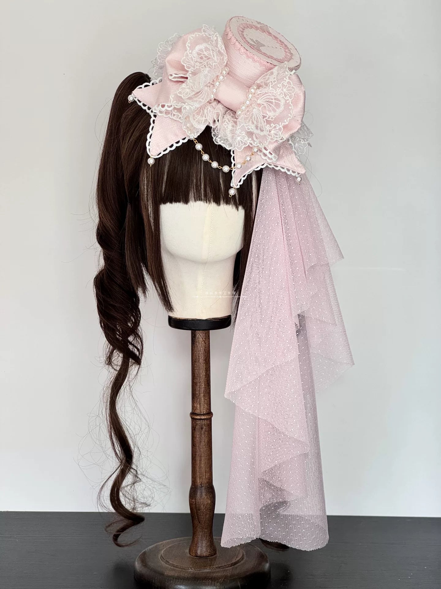 Sweet Lolita Bowknot Top Hat, Lace & Pearl Detail Pink Top Hat + Pink Head Veil
