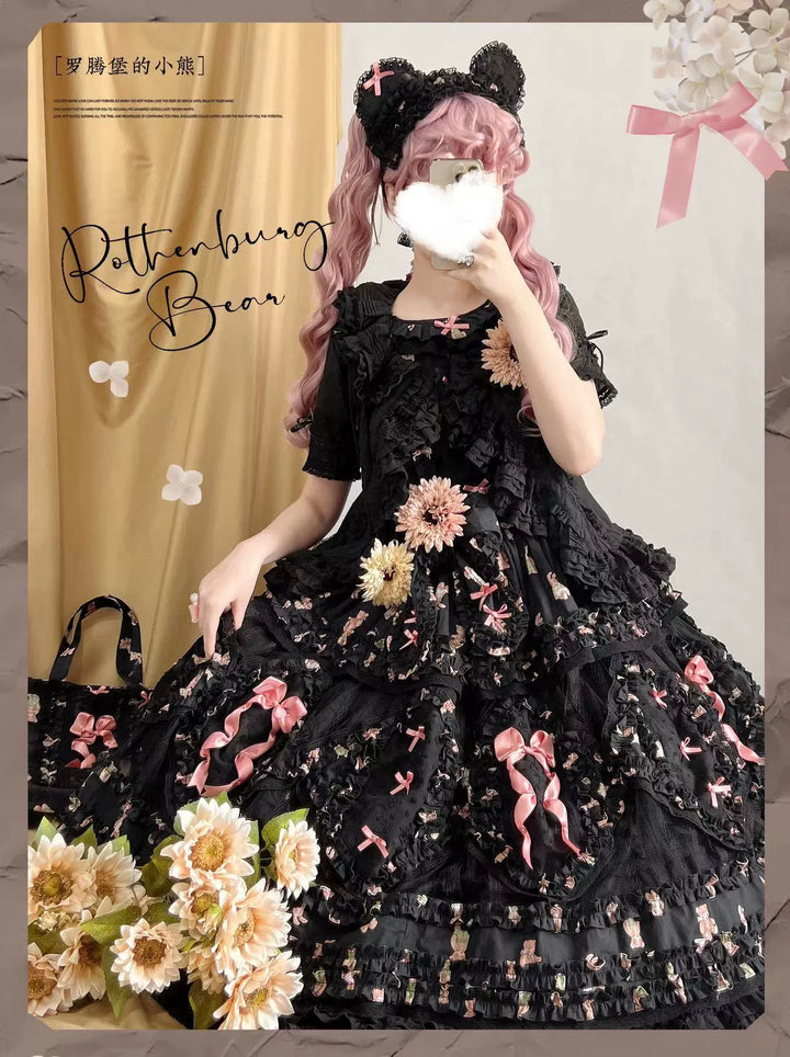 MONO GIRL~Rottengburg Bear~Sweet Lolita JSK Print Hollow-out Ruffles Dress 40730:674848