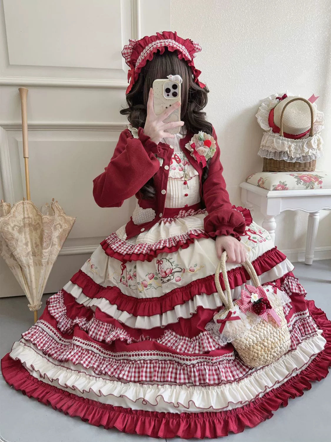 Hanguliang - Strawberry Basket - Country Lolita JSK Dress, Strawberry Embroidery 44283:802170