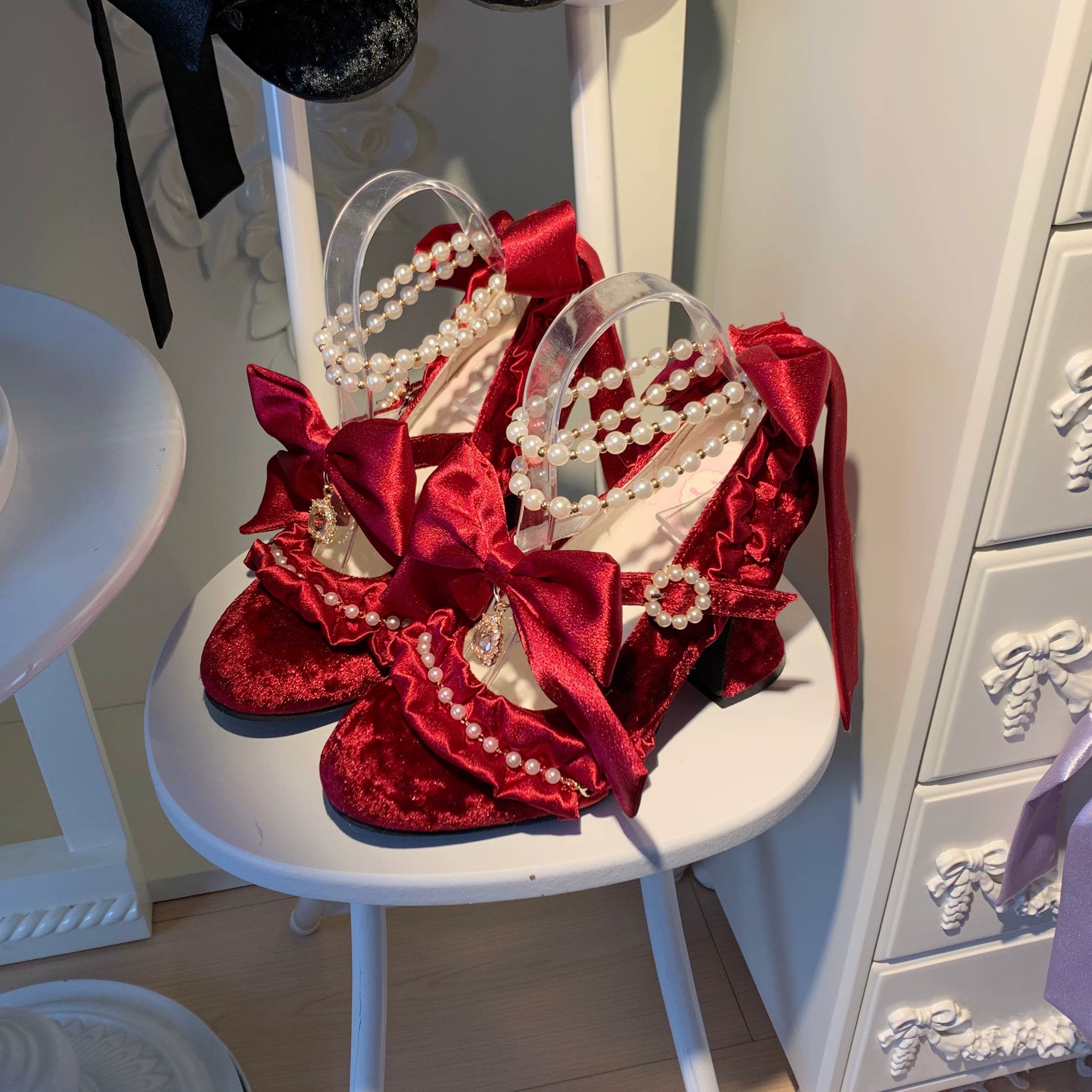 Ribbon Anthem - Gorgeous Classic Lolita Heels, Detachable Bow & Pearl 44639:815870