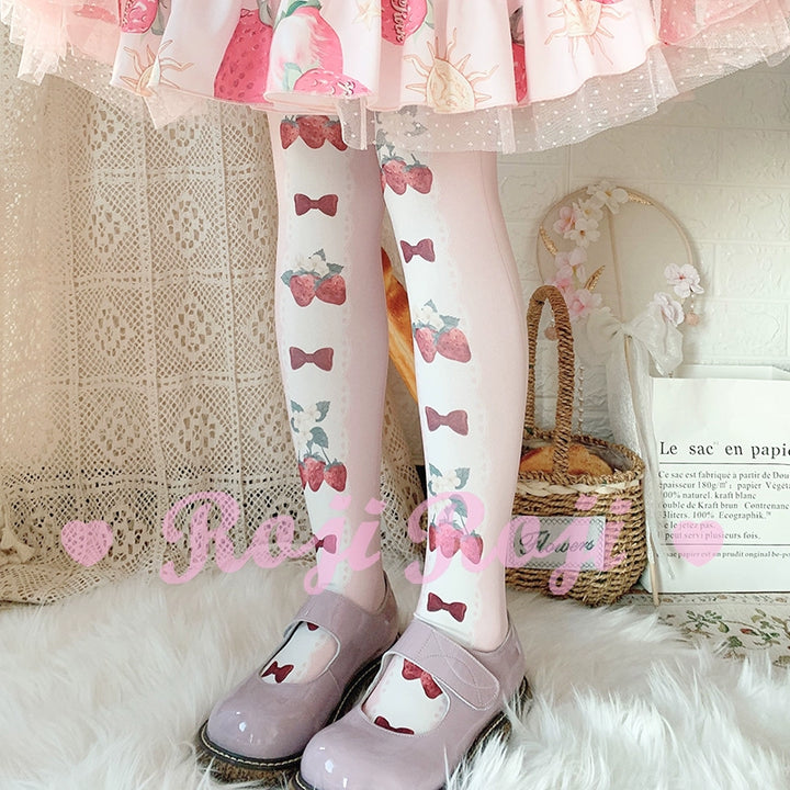 Roji Roji~Strawberry Bow~Print Llita Pantyhose Strawberry Bow 120D Velvet Tights   