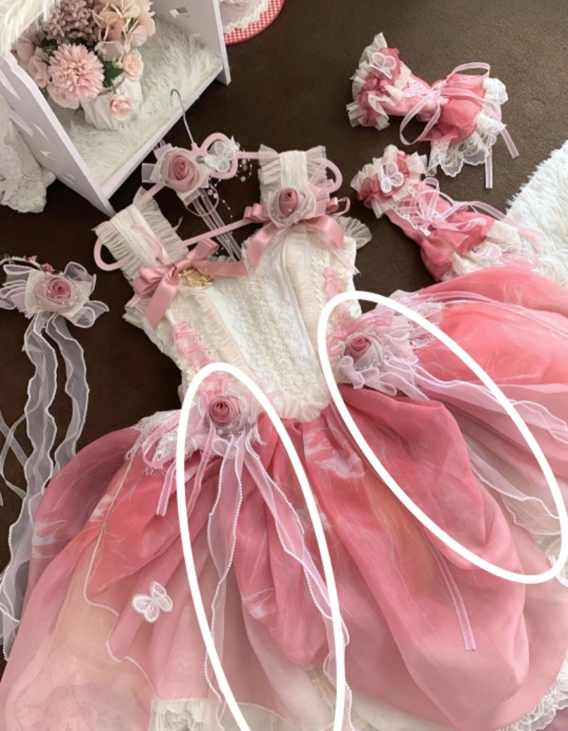 Night Dream~Roselle Garden~Sweet Lolita JSK Dress Full Set Accessories Pink S Pearl Fish Tail Bow