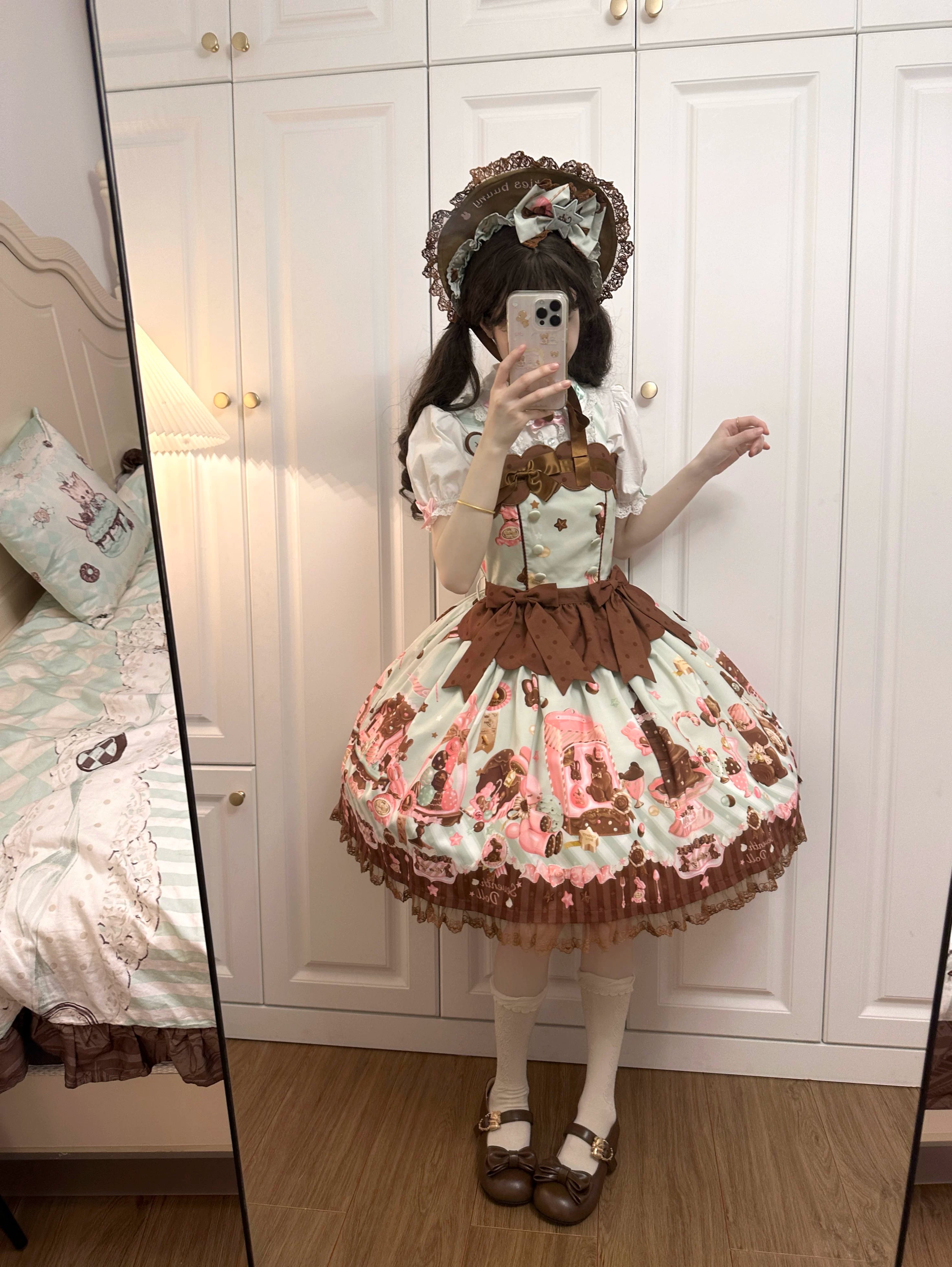 Chocolate Bunny - Printed Kawaii Lolita JSK, Short-sleeved Dress 44614:814890