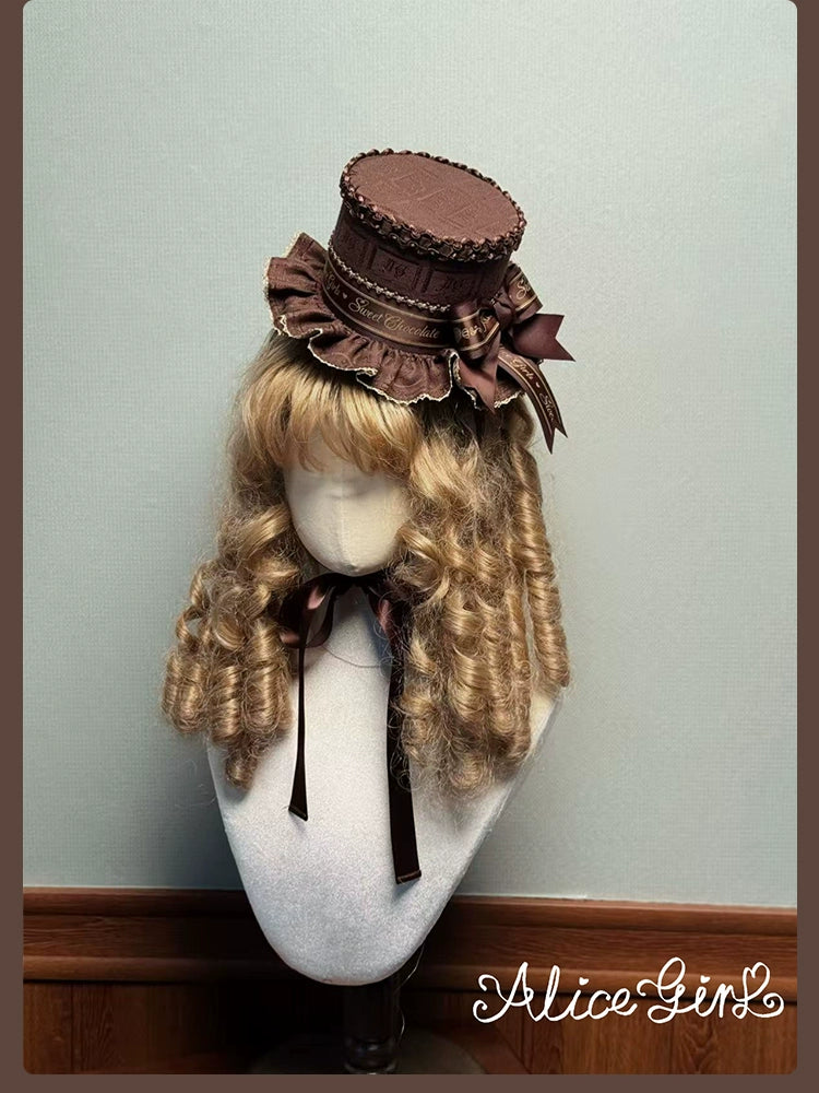 Alice Girl - Bear Chocolate Slab - Jacquard Classic Lolita Accessories One Size Chocolate Brown with Brown Bow - Small Top Hat