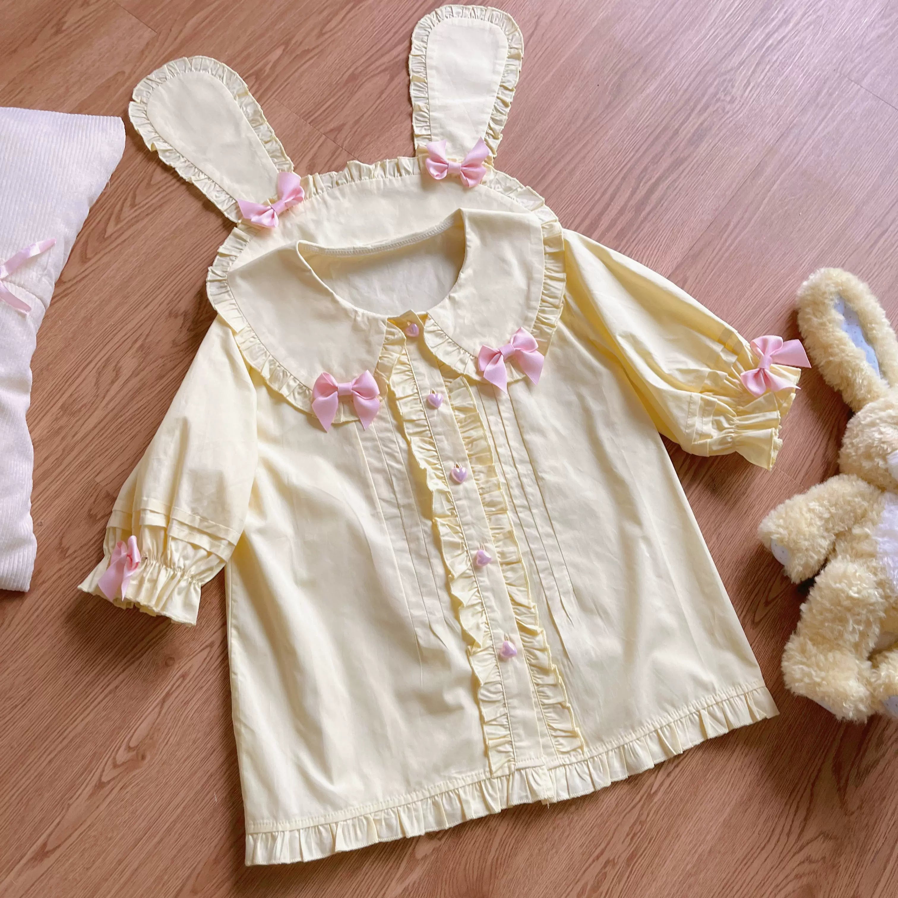 Cute Rabbit - Sweet Lolita Short Sleeve Shirt, Bunny Ears Yellow Shirt Only S