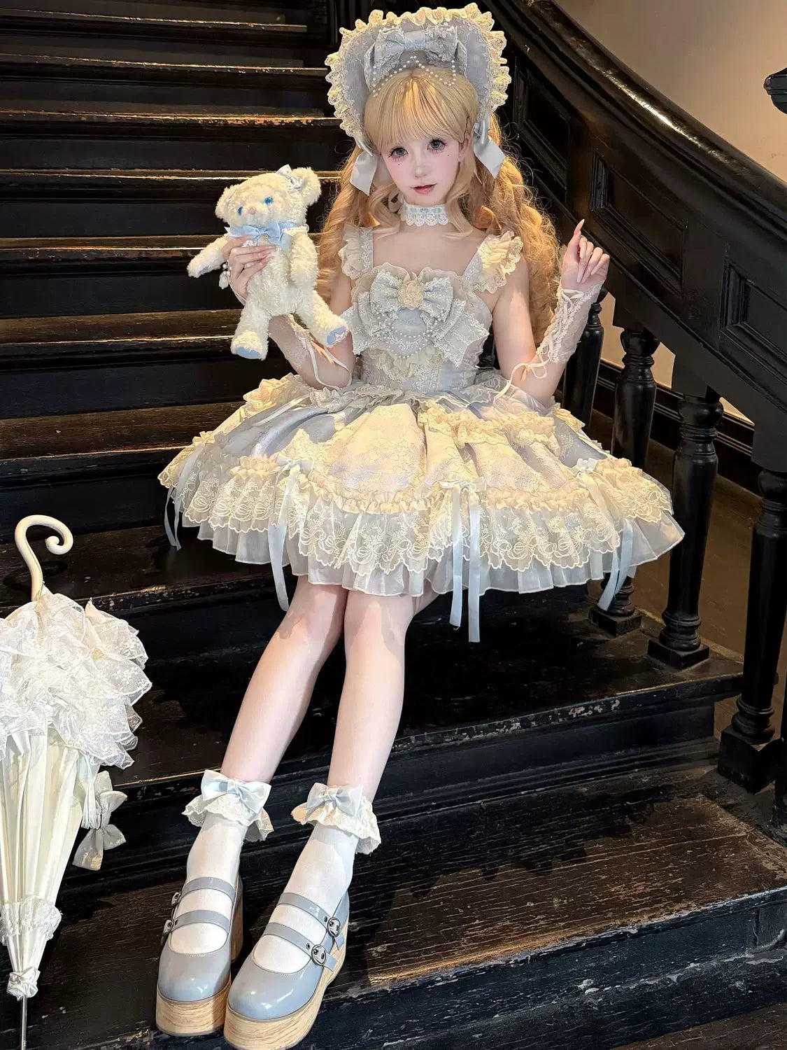 Blooming Love - Ballet-inspired Sweet Lolita JSK Dress, Lace & Bows