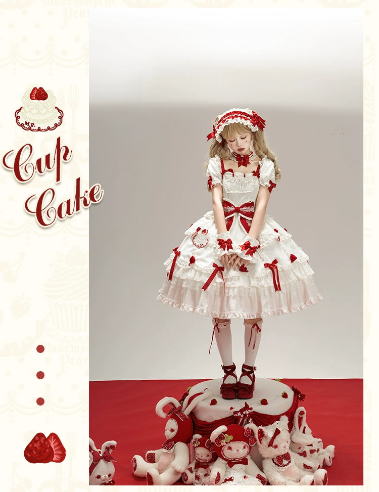 Mademoiselle Pearl - Cup Cake - White, Red Bow, Sweet Lolita Dress Set 43333:773862