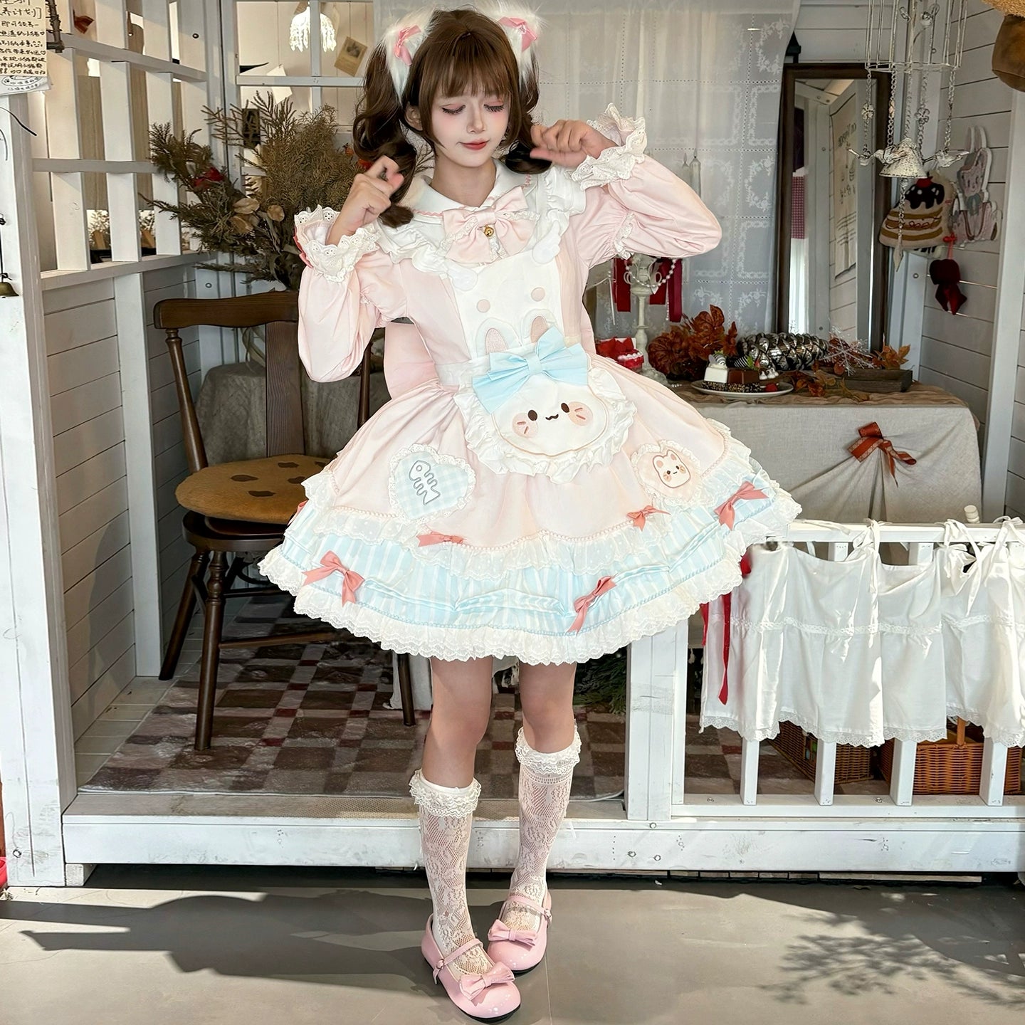 Jiuli Lolita - Nine Meow Bunny - Sweet Lolita Bunny Apron OP Dress, Back Zipper (L M S) 44098:795710