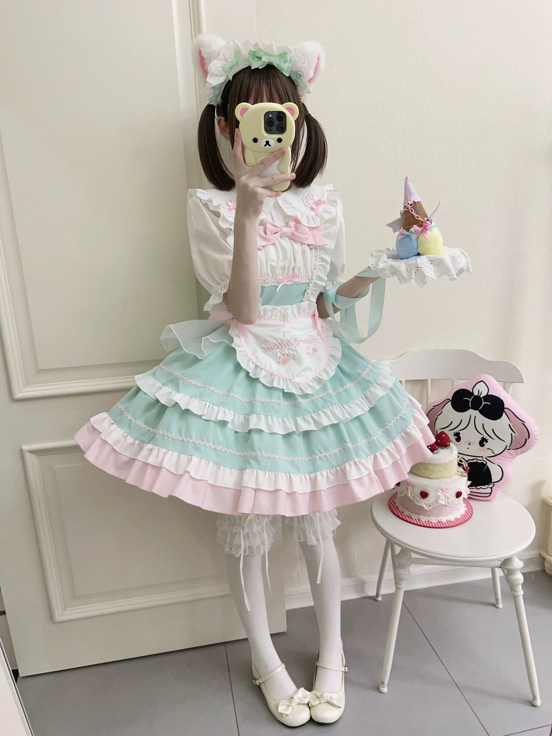 Sugar Girl~Cat Ear Tale~Sweet Lolita Jumper Dress Suspender Dress S Green JSK + Apron 