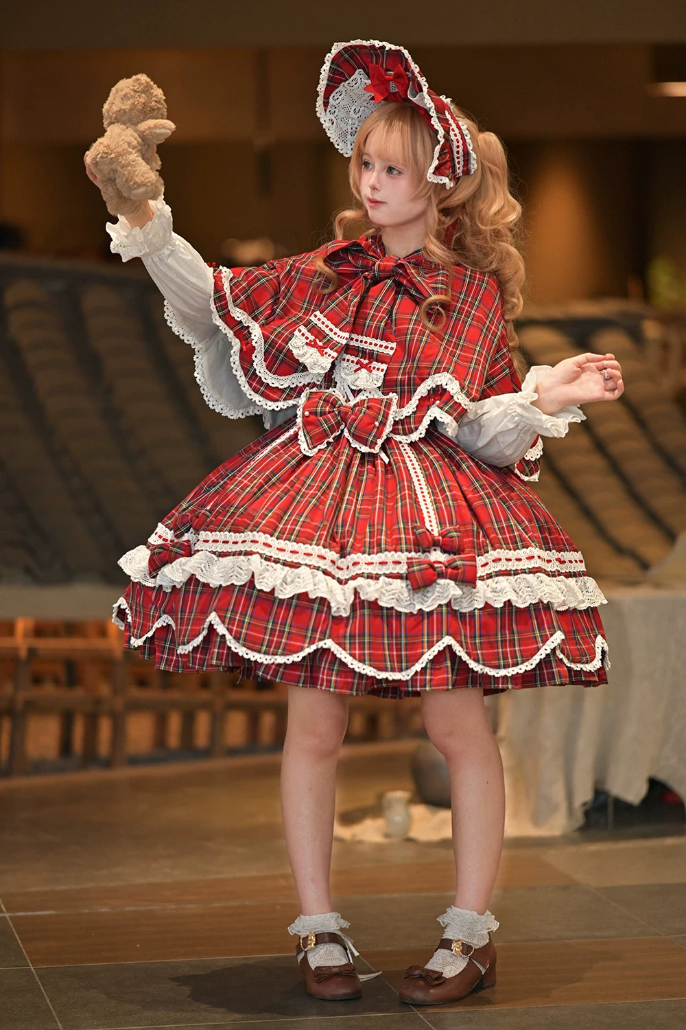 Plaid Petal Bunny - Old School Lolita Bunny Ear Cape, Lace-trimmed Petal Hem 45983:870732