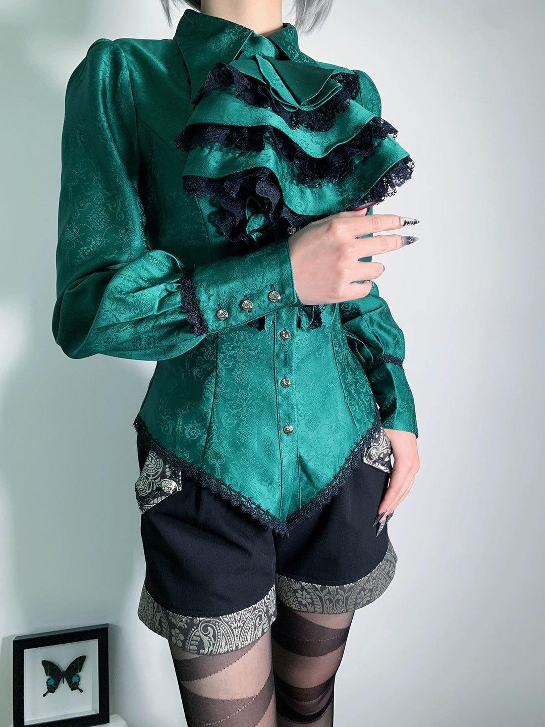 Little Dipper~Cold Rice~Ouji Lolita Jabot Tiered Jabot with Lace Green Jabot with Black Lace F