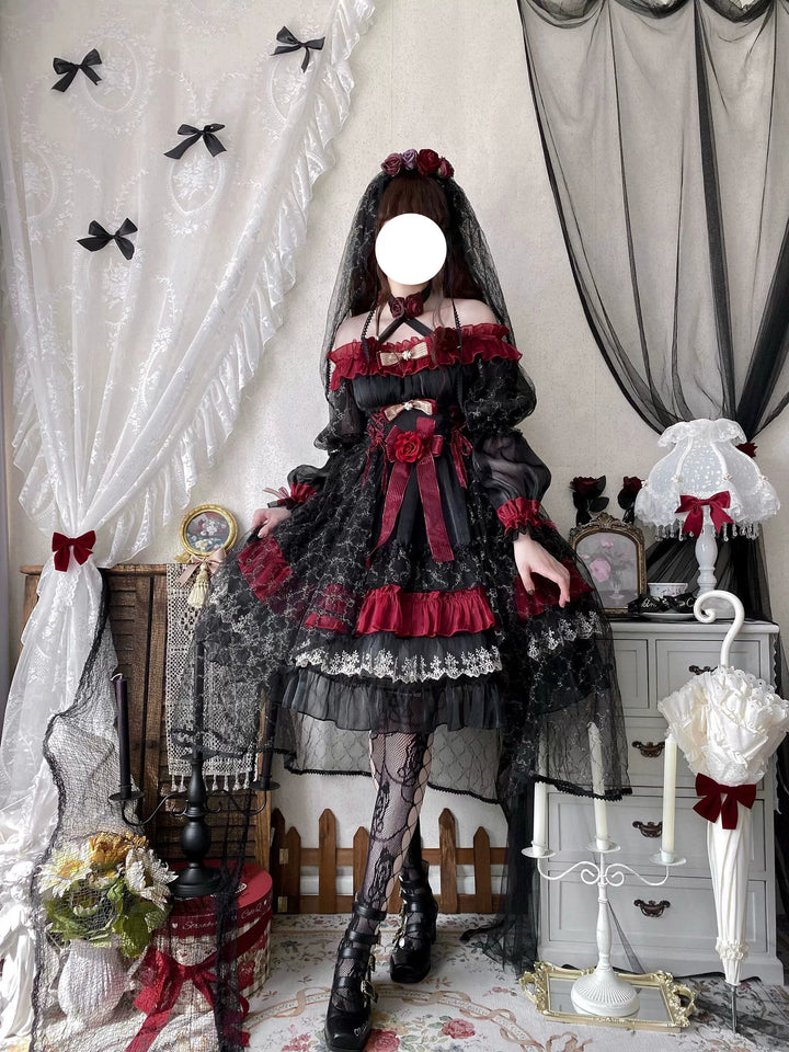 Uncle Wall Original~Night of Berea~Gothic Lolita OP Black and Red Lolita Dress