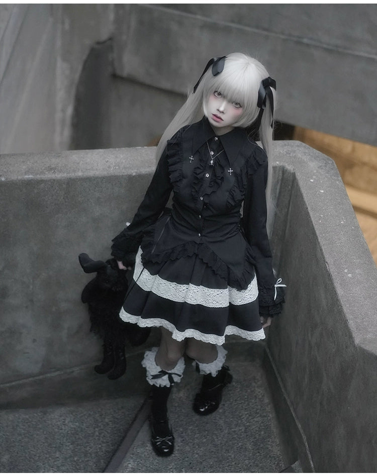 With PUJI~ Gothic Lolita Blouse Black White Waist-Tie Shirt