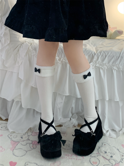 Roji Roji~Bowknot Winter Lolita Socks Fluffy Mid-Calf Lolita Socks   