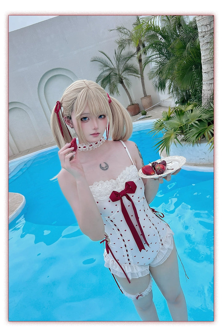 Tan Tuan~Heartbeat Melody~Red & White Lolita-Inspired Swimsuit Set 42997:761394