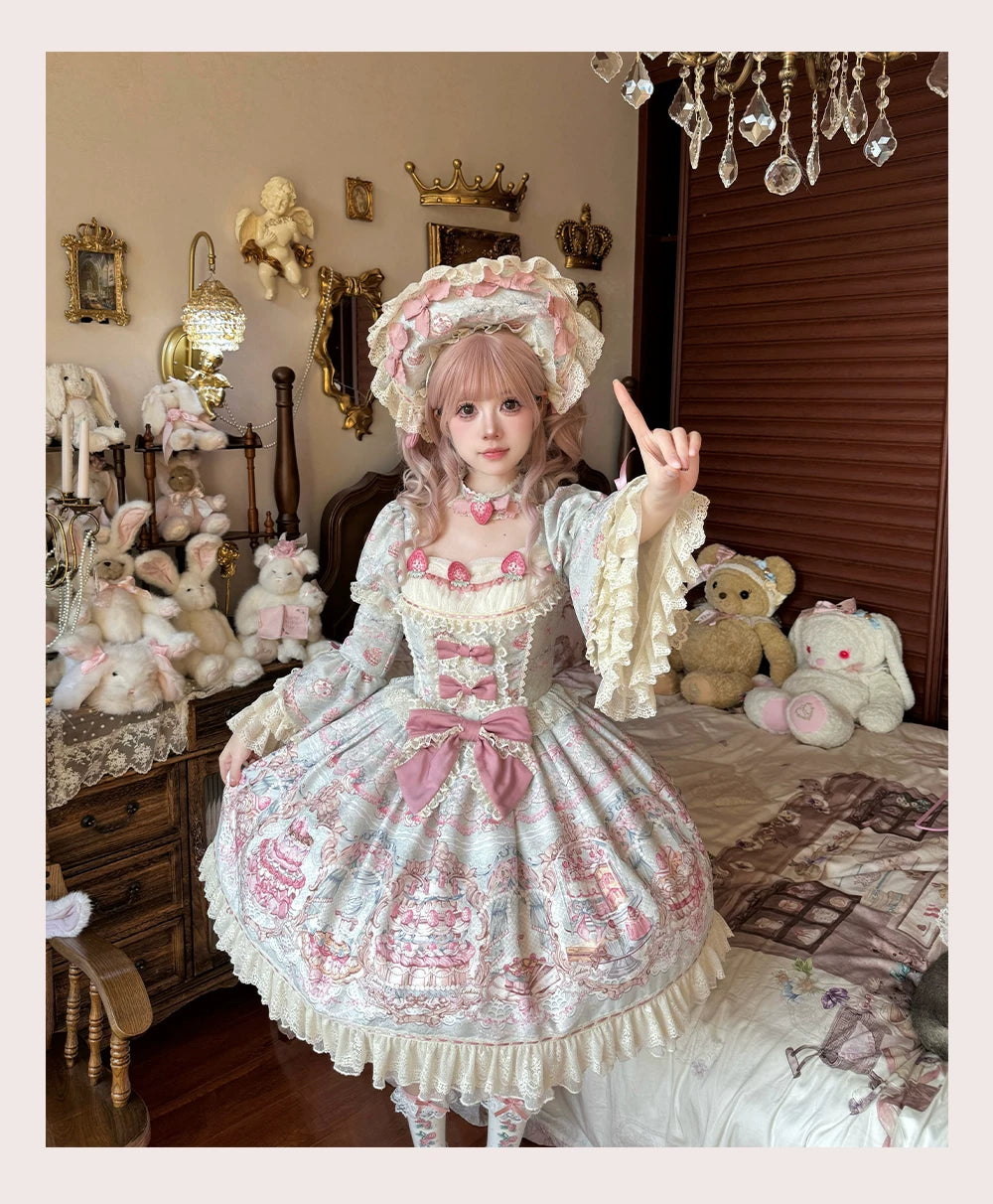 Victorian Cake - Classic Lolita OP Dress, Strawberry Cake Print
