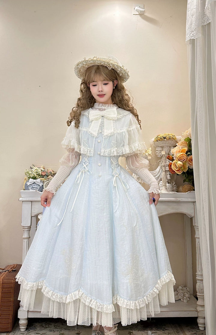 Kuma~Little Wind Chime~Elegant Lolita OP Water Blue Dress With Decorative Tulle Cape