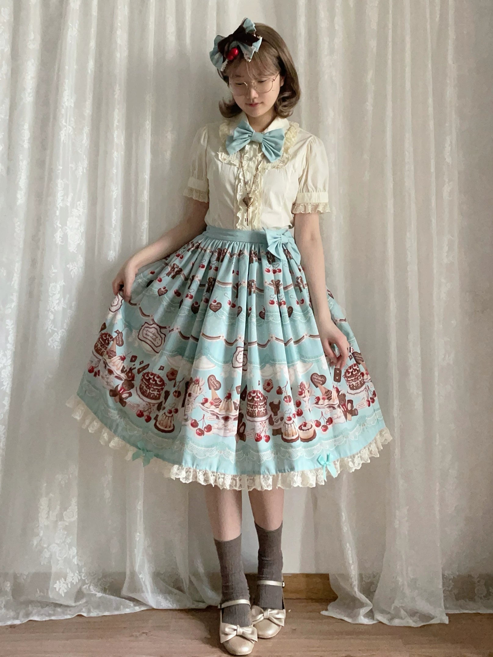 Cherry Choco Bear - Kawaii Lolita Elastic Skirt, Dessert and Cherry Print