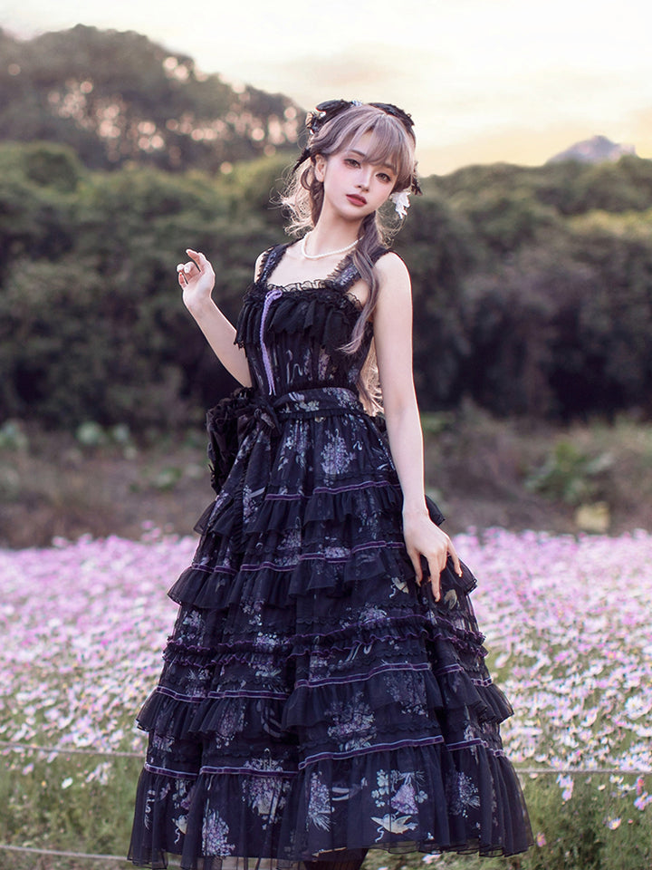 Avenue Denfer~Floral Veil~Elegant Lolita JSK Suit Floral Print Dress and Tulle Shawl