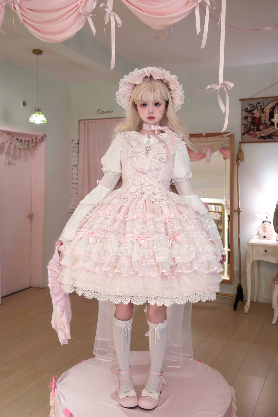 Flower Banquet~Wishing Star~Sweet Wedding Lolita JSK Bridal Lolita Dress Pink S JSK + Trailing + BNT