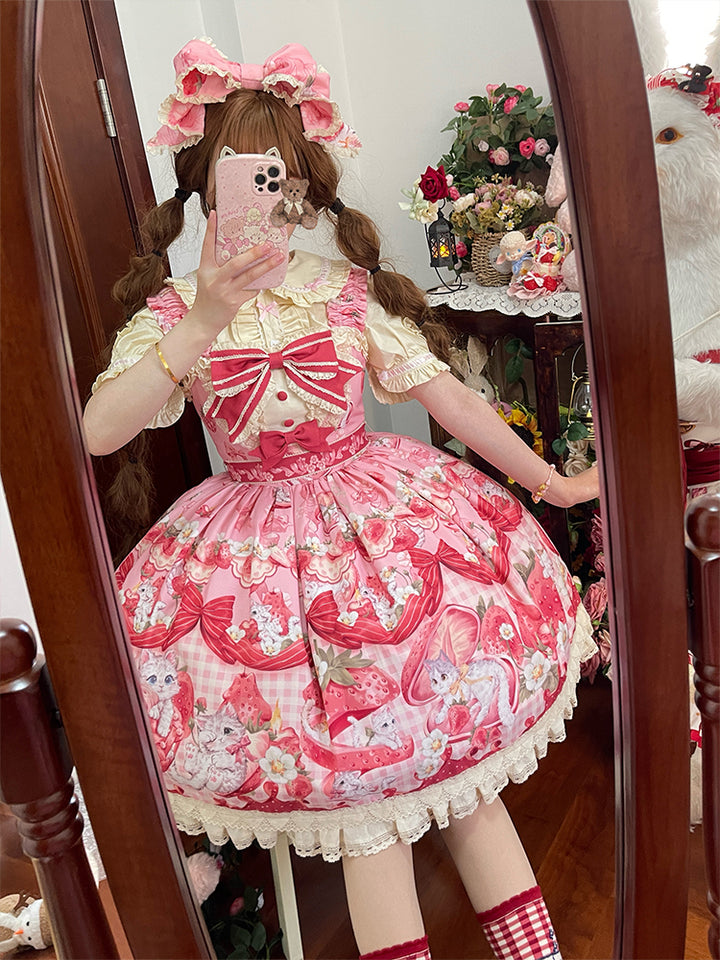 Mewroco~Strawberry Cat~Sweet Lolita Dress Suit JSK and Salopette with Cat Prints