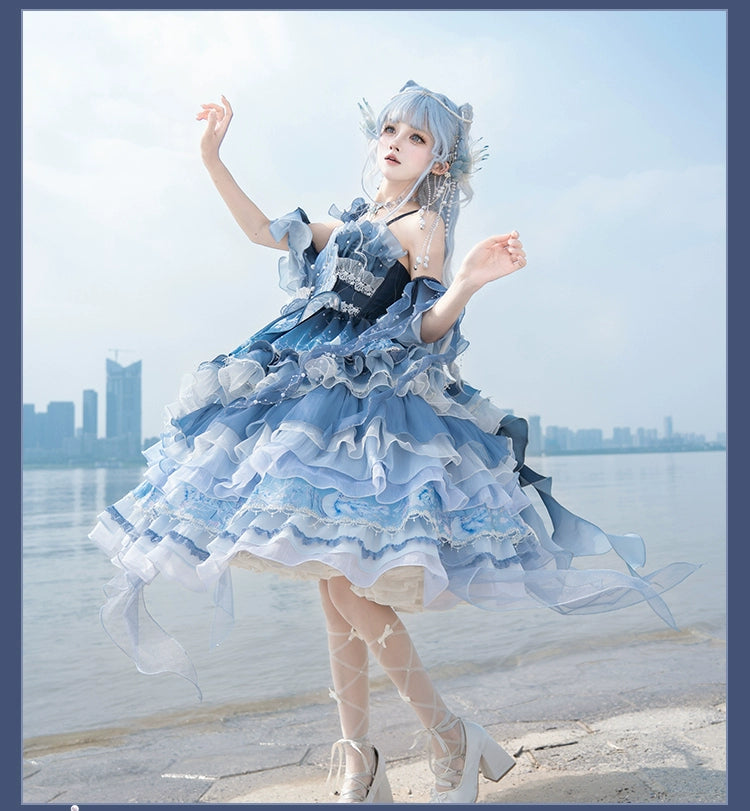 YingLuoFu - Blue Breath Jellyfish - Classic Lolita Jumper Dress, Side Zipper