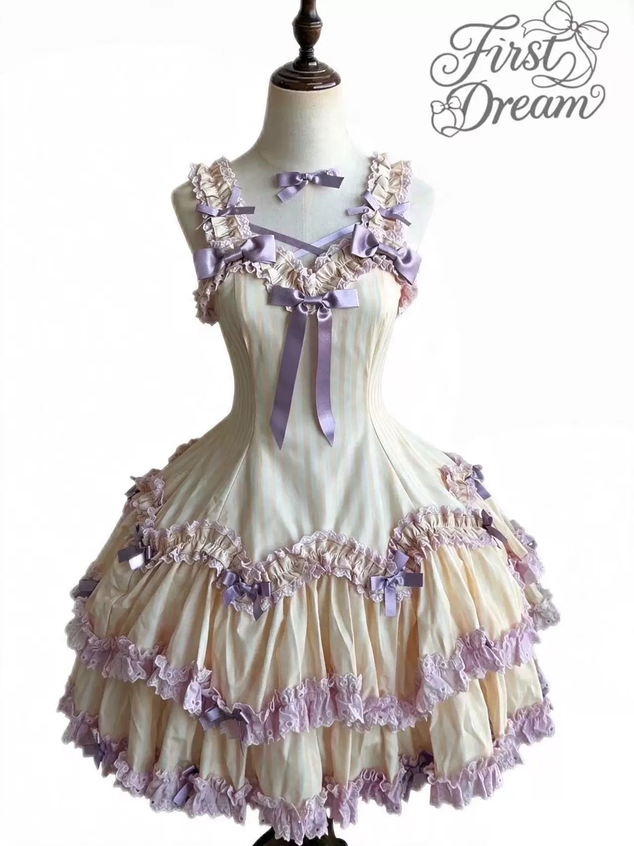 Eternal Girlhood - Six-Panel Old School Lolita Striped JSK & OP, Bow Accents (L M S XL) 45811:863017
