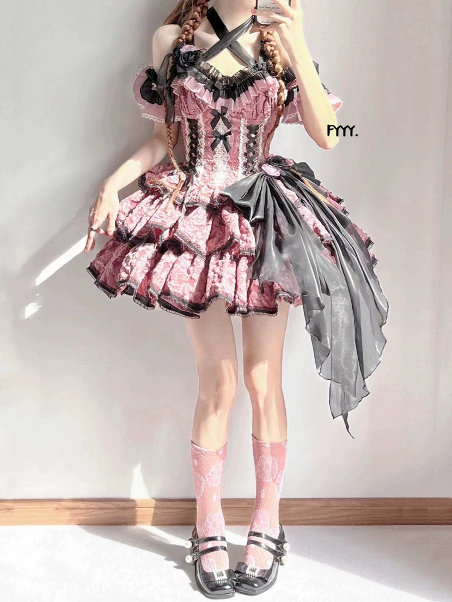 Xingweimian~Medea's Kiss~Gothic Lolita Dress Tiered Hem Pink JSK Dress Set S a pair of cuffs 
