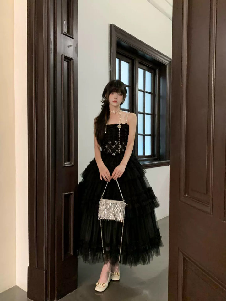 Sara Bell~Hailey~Elegant Lolita JSK Dress with Large Tiered Voile Hem Obsidian Black S