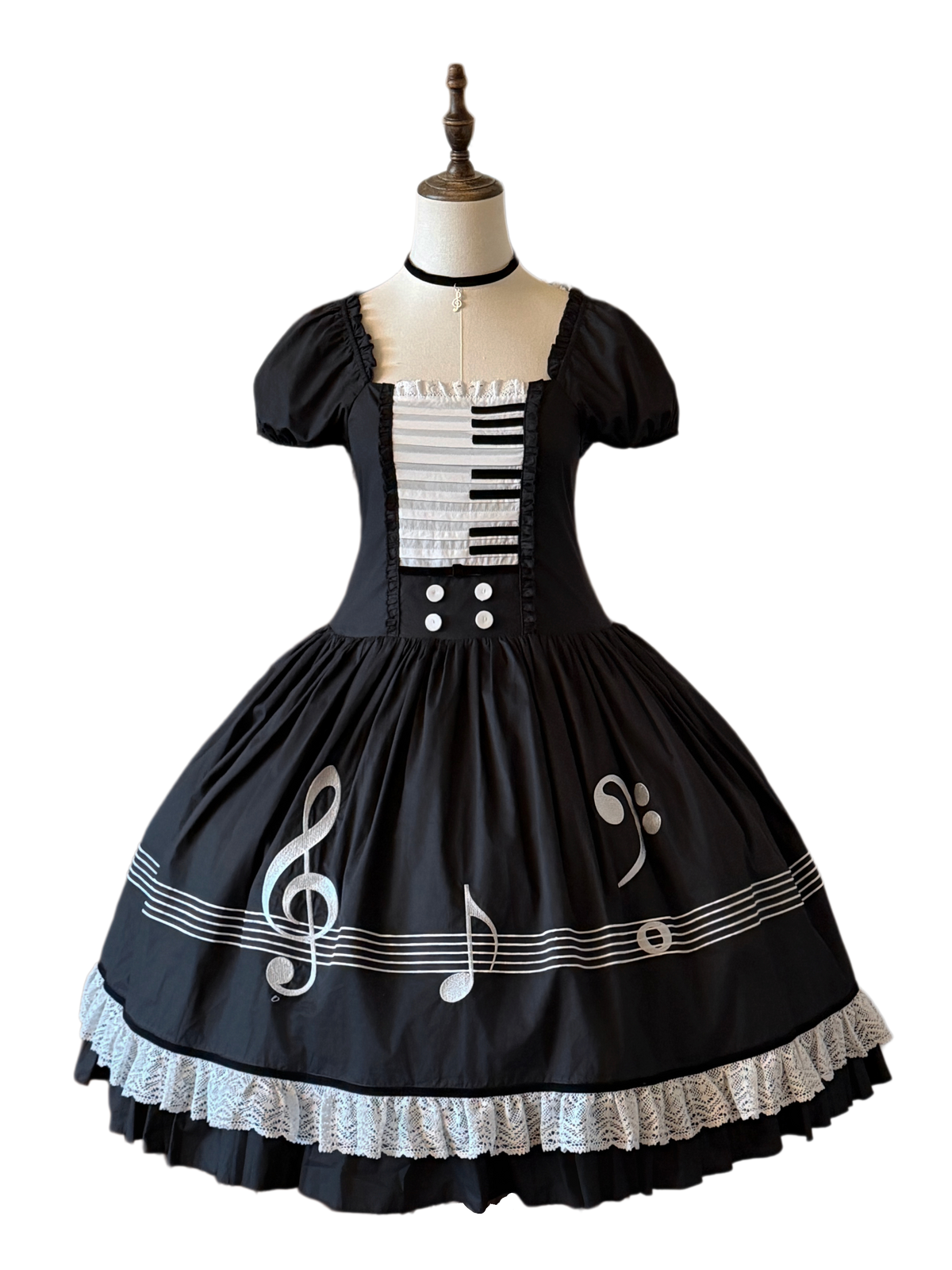 Piano's Letter - Cotton Old School Lolita OP Dress Set, Piano Note Embroidery (2XL L M S XL) 46029:873018