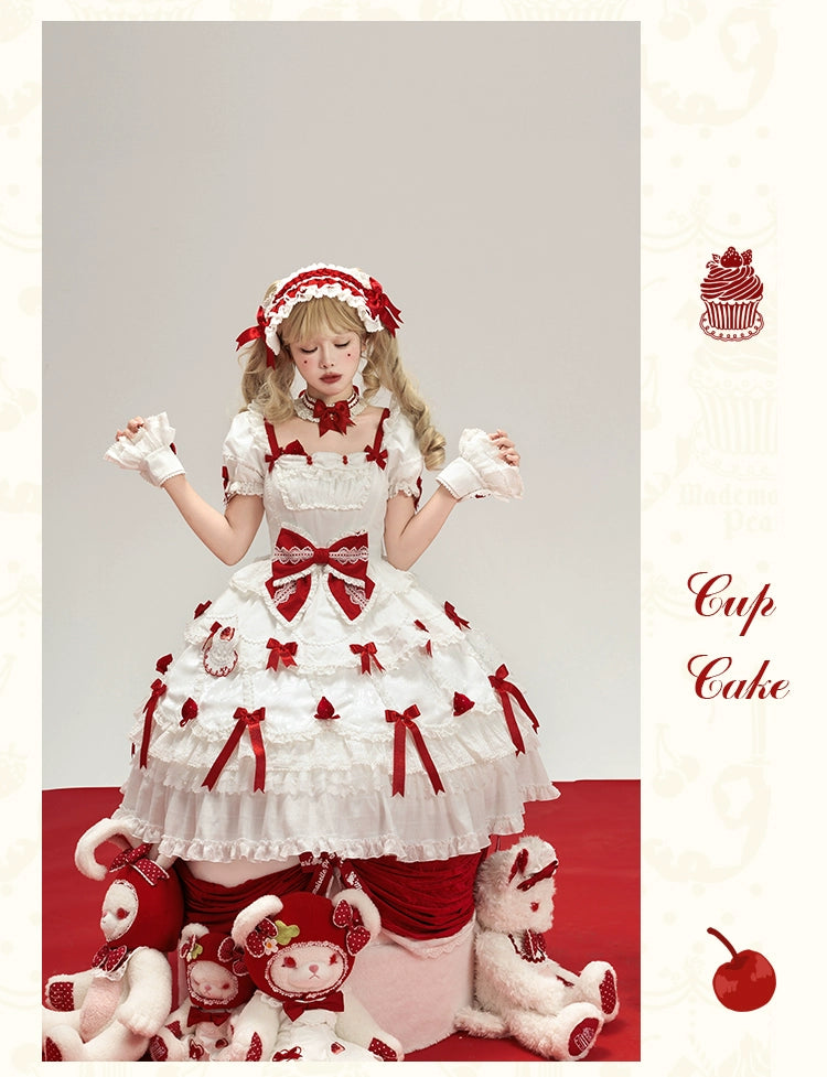 Mademoiselle Pearl - Cup Cake - White, Red Bow, Sweet Lolita Dress Set 43333:773864