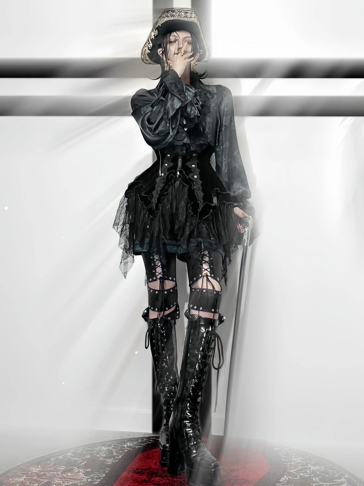 Bone Garden - Black Gothic Lolita Corset, Irregular Lace Hem 46040:873102