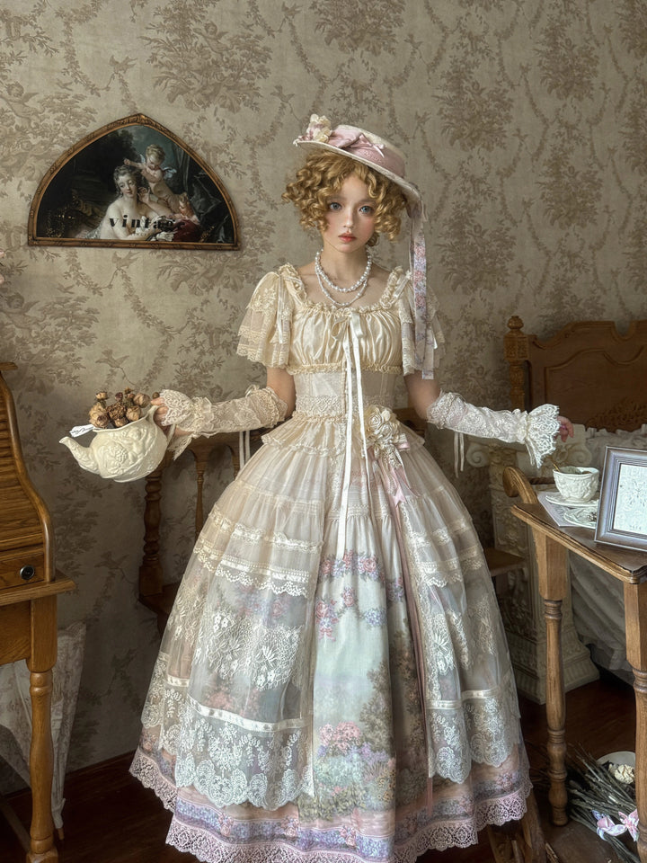 ZUOlanrichen~Romantic Rose~Classic Lolita Shirt with Puffy Sleeves Sheer Skirt Overlay