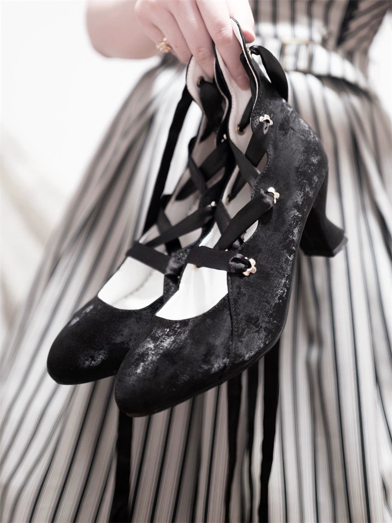 MR.Qiutian - Forbidden Dance - Elegant Lolita Velvet Shoes, Adjustable Lace-Up Straps