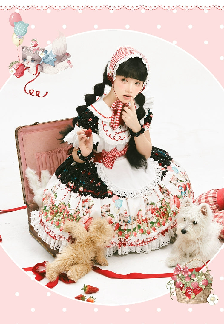 GD Lolita~Cat Strawberry Garden~Sweet Lolita Dress High Waist JSK Strawberry Print OP