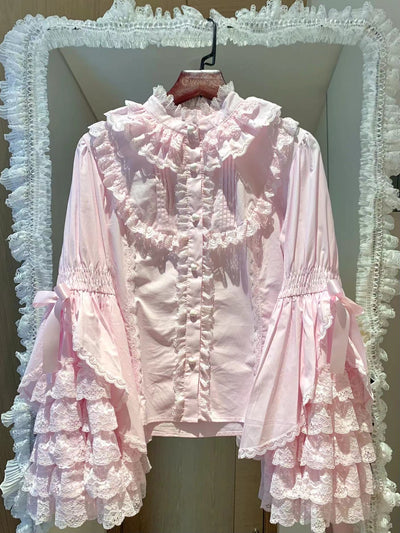 (BFM)Plum Tree~Liliya's Secrets~Cotton Lolita Shirt Princess Sleeve Gorgeous Lolita Blouse XS light pink 
