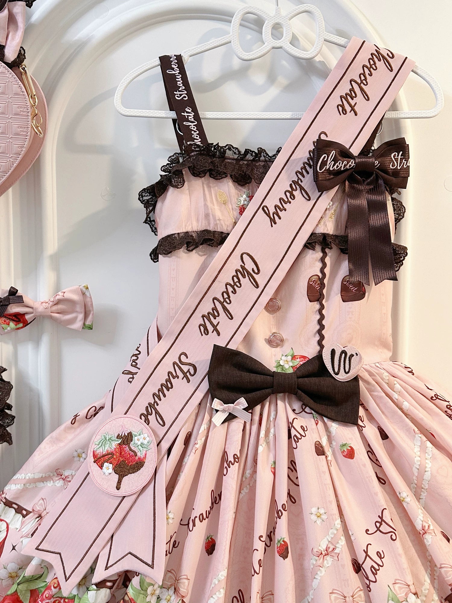 Strawberry Chocolate Lovers - Sweet Lolita Embroidered Printed Accessory Pink Sash One Size