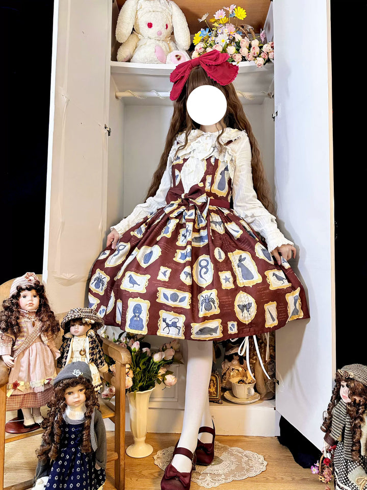 Magic Tea Party~Classic Lolita JSK with Elegant Art-Inspired Prints Red-brown JSK only M