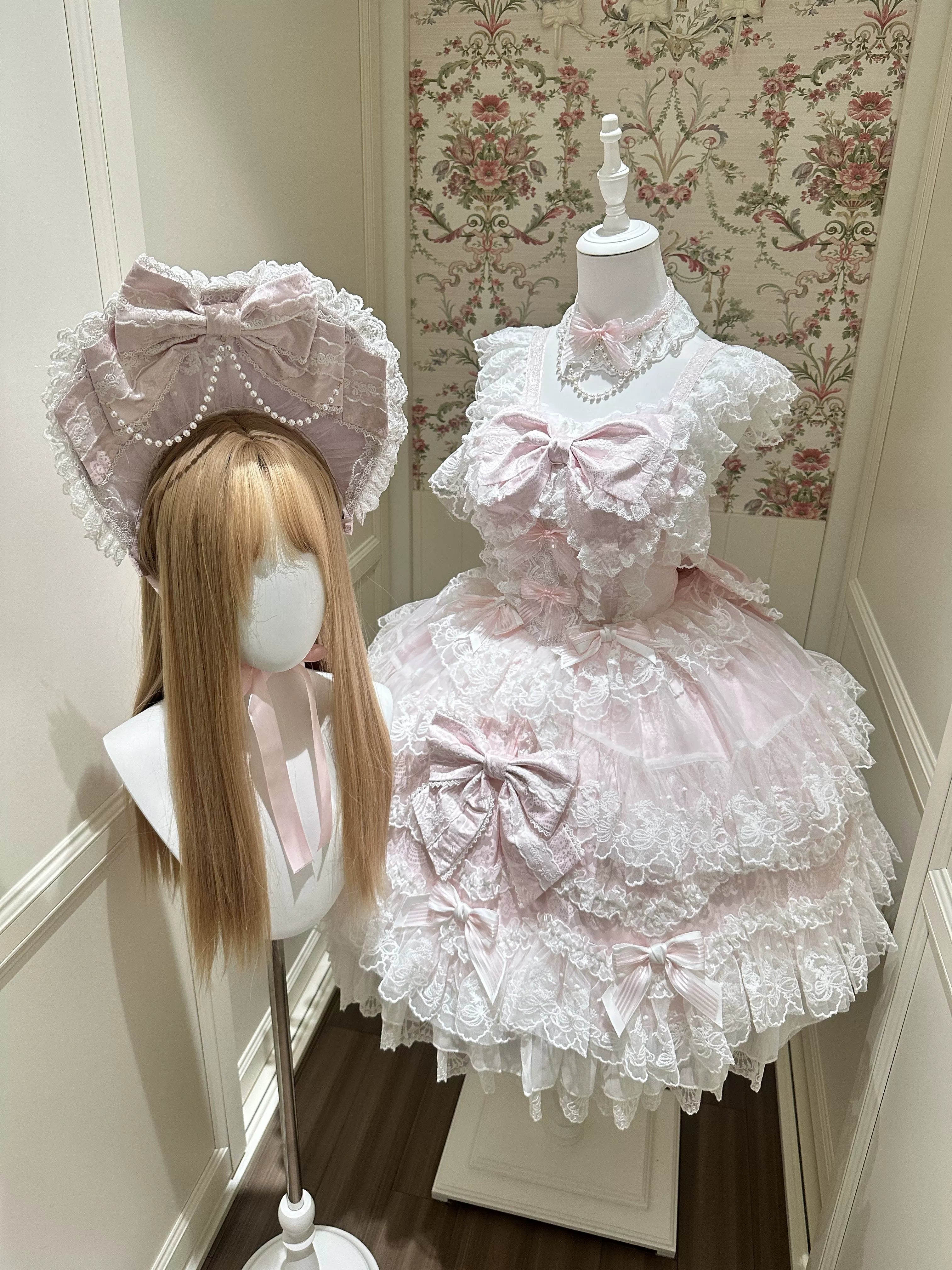Sakura Blossom Dream - Dreamy Sweet Lolita JSK Dress, Abundant Lace & Bows Pink - JSK + Back Trailing Bow + Choker +BNT S