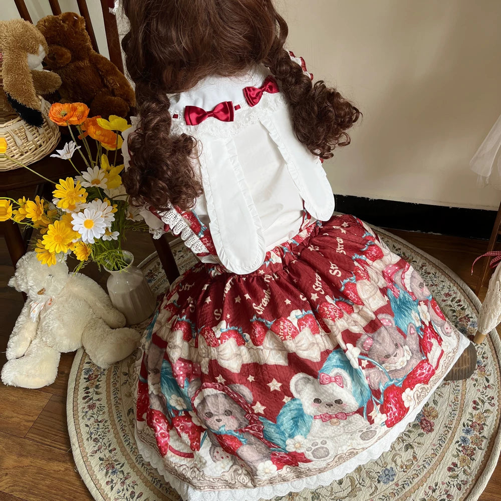 Bearberry Pastry Chef - Kawaii Lolita Salopette Dress, Bear & Strawberry Print